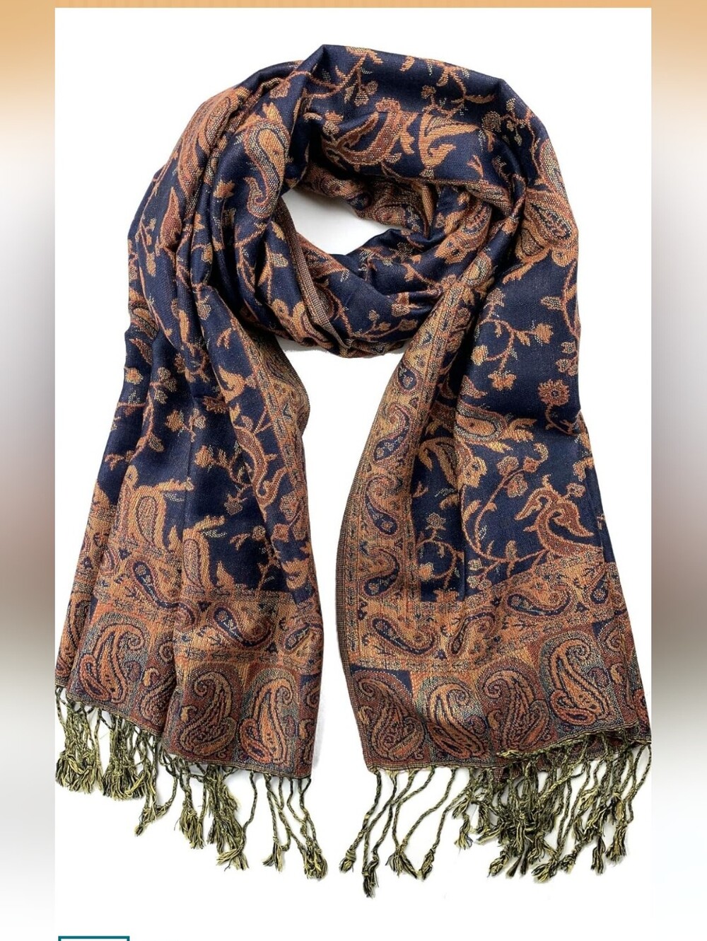 Navy Blue And Gold Paisely Jacquard Pashmina Scarf Shawl Tassels